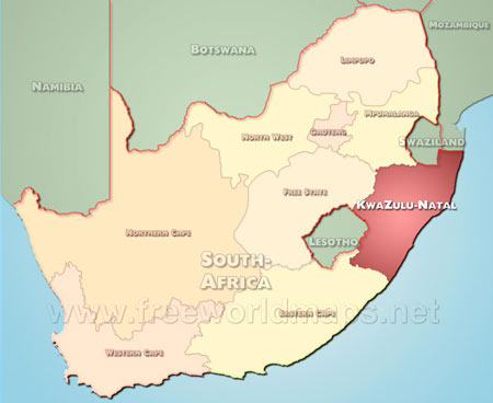 Location map of KwaZulu-Natal, province of South African Republic