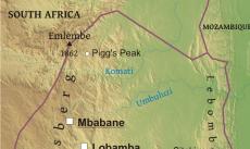 Physical map of Swaziland