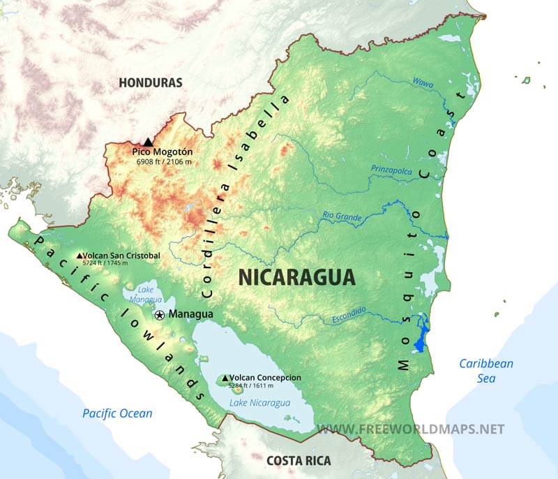 Nicaragua Physical Map