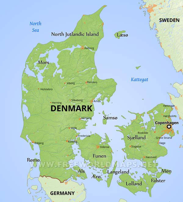 Denmark Physical Map showing major cities, islands like Zealand and Funen, and surrounding seas including the North Sea and Kattegat Denmark Physical Map showing major cities, islands like Zealand and Funen, and surrounding seas including the North Sea and Kattegat