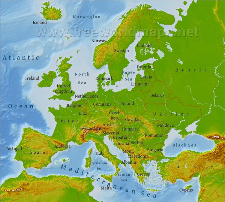 Europe physical map with countries