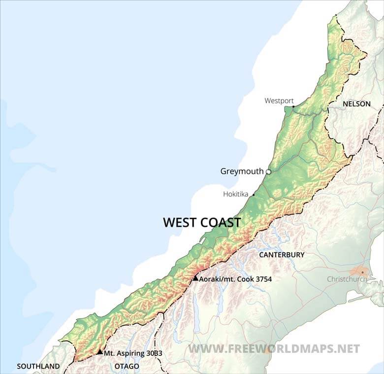West Coast map, NZ