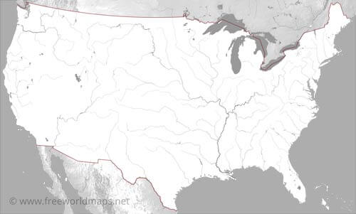 Blank black & white map of US rivers