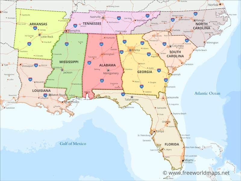 Southeast US map