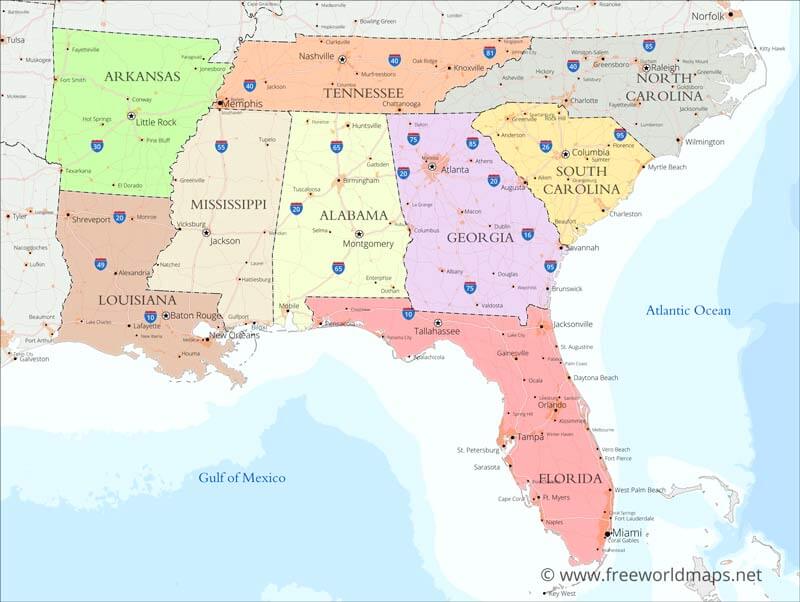 Southeastern US political map