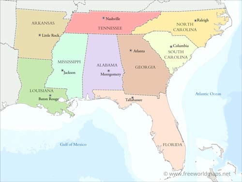 Southeastern US states & capitals